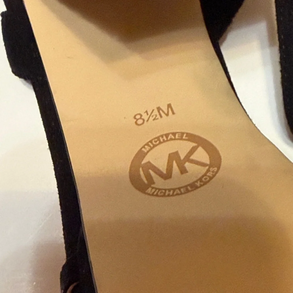 Michael Michael Kors embelished block heel Sandals, black suede leather, sz 8.5